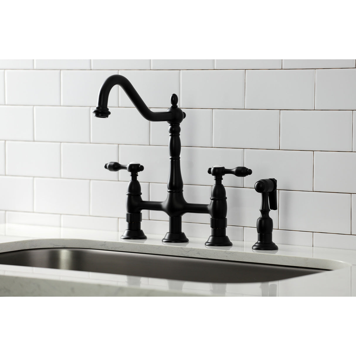 Kingston Brass KS1270TALBS Tudor Bridge Kitchen Faucet with Brass Sprayer, Matte Black