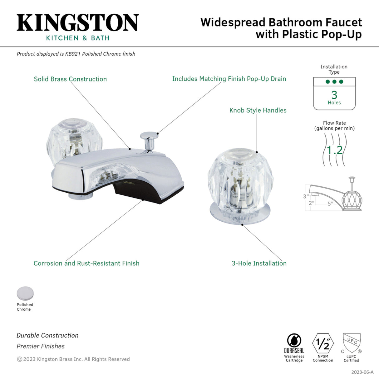 Kingston Brass KB921 Widespread Bathroom Faucet, Polished Chrome