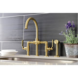 Kingston Brass KS2337KL Whitaker Industrial Style Bridge Kitchen Faucet with Brass Sprayer, Brushed Brass
