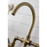 Kingston Brass KS2333RX Belknap Industrial Style Bridge Kitchen Faucet with Brass Sprayer, Antique Brass