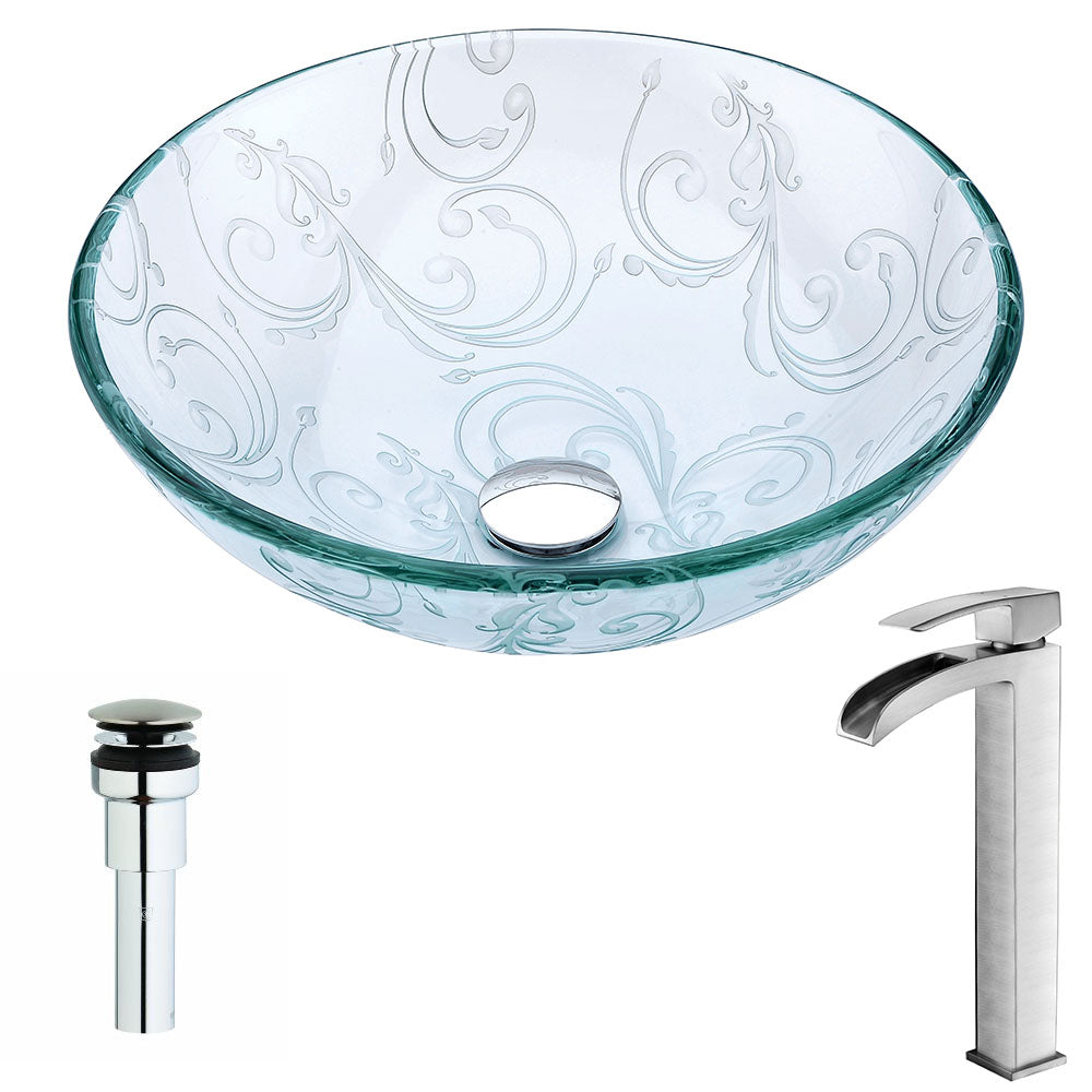 ANZZI LSAZ065-097B Vieno Series Deco-Glass Vessel Sink in Crystal Clear Floral with Key Faucet in Brushed Nickel