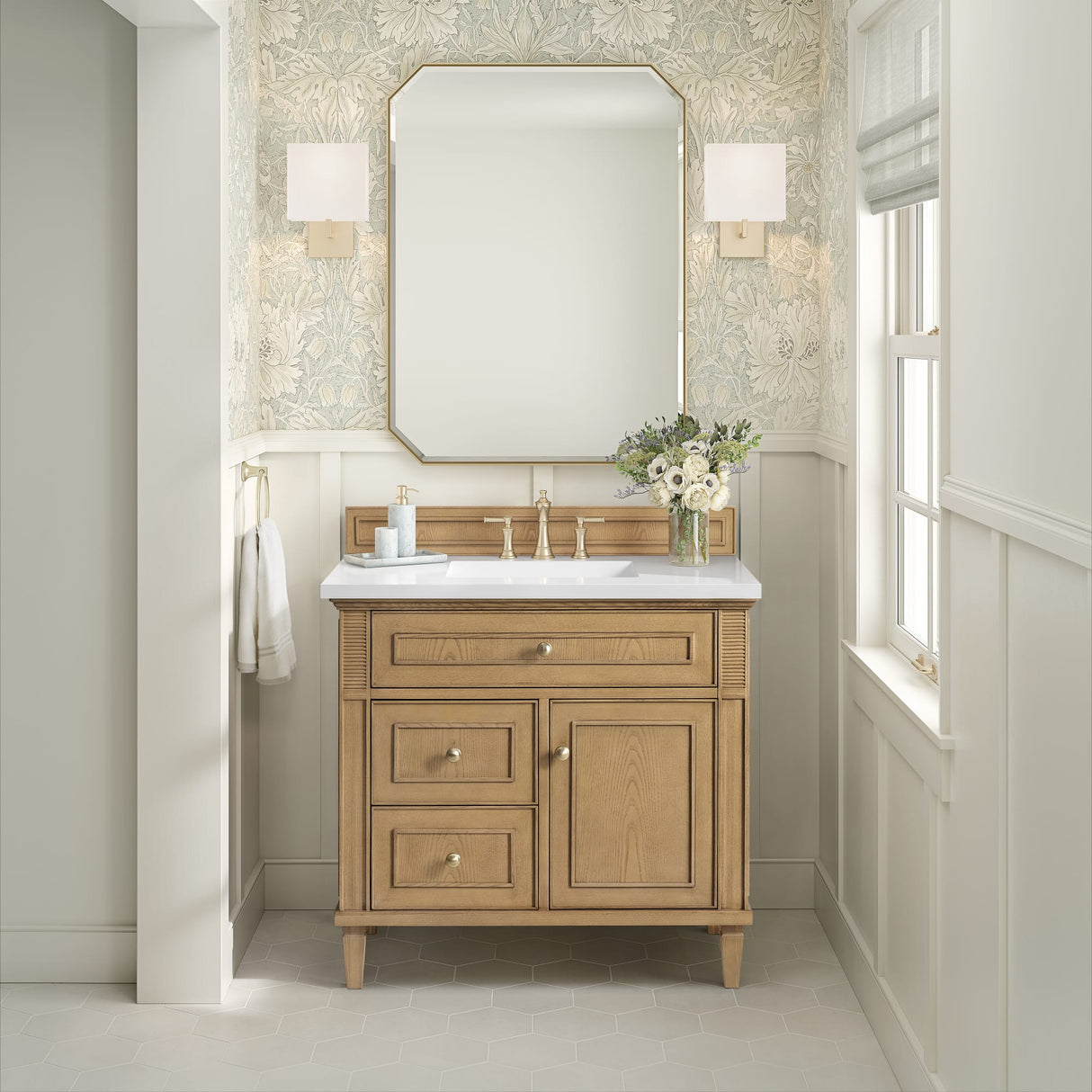 Lorelai 36" Single Vanity, Light Natural Oak w/ 3 CM White Zeus Silestone Top