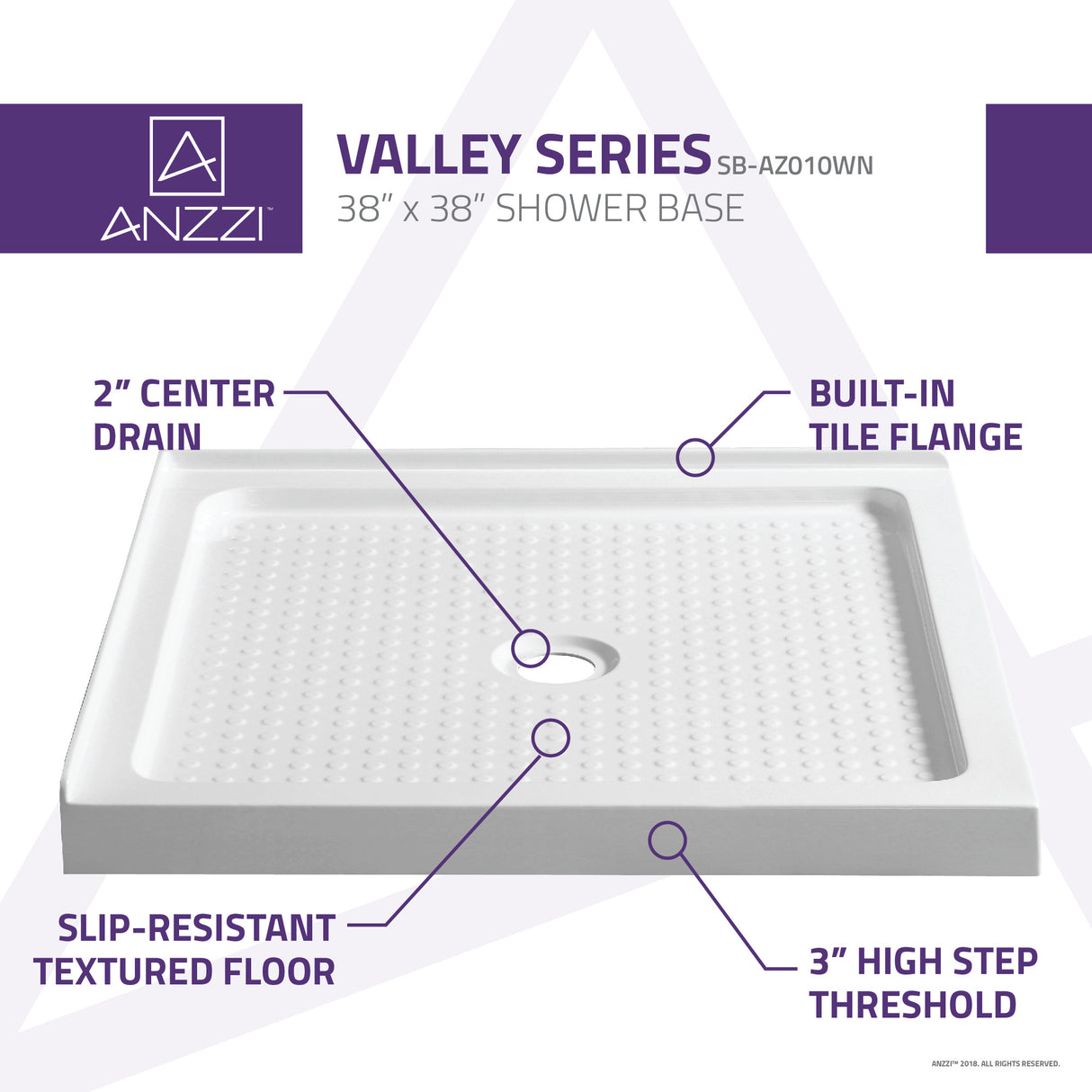 ANZZI SB-AZ010WN Valley Series 38 in. x 38 in. Shower Base in White