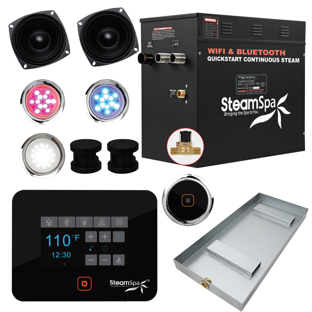 Steam Shower Generator Kit System | Matte Black + Self Drain Combo| Enclosure Steamer Sauna Spa Stall Package|Touch Screen Wifi App/Bluetooth Control Panel |12 kW Raven | RVB1200BK-A RVB1200BK-A