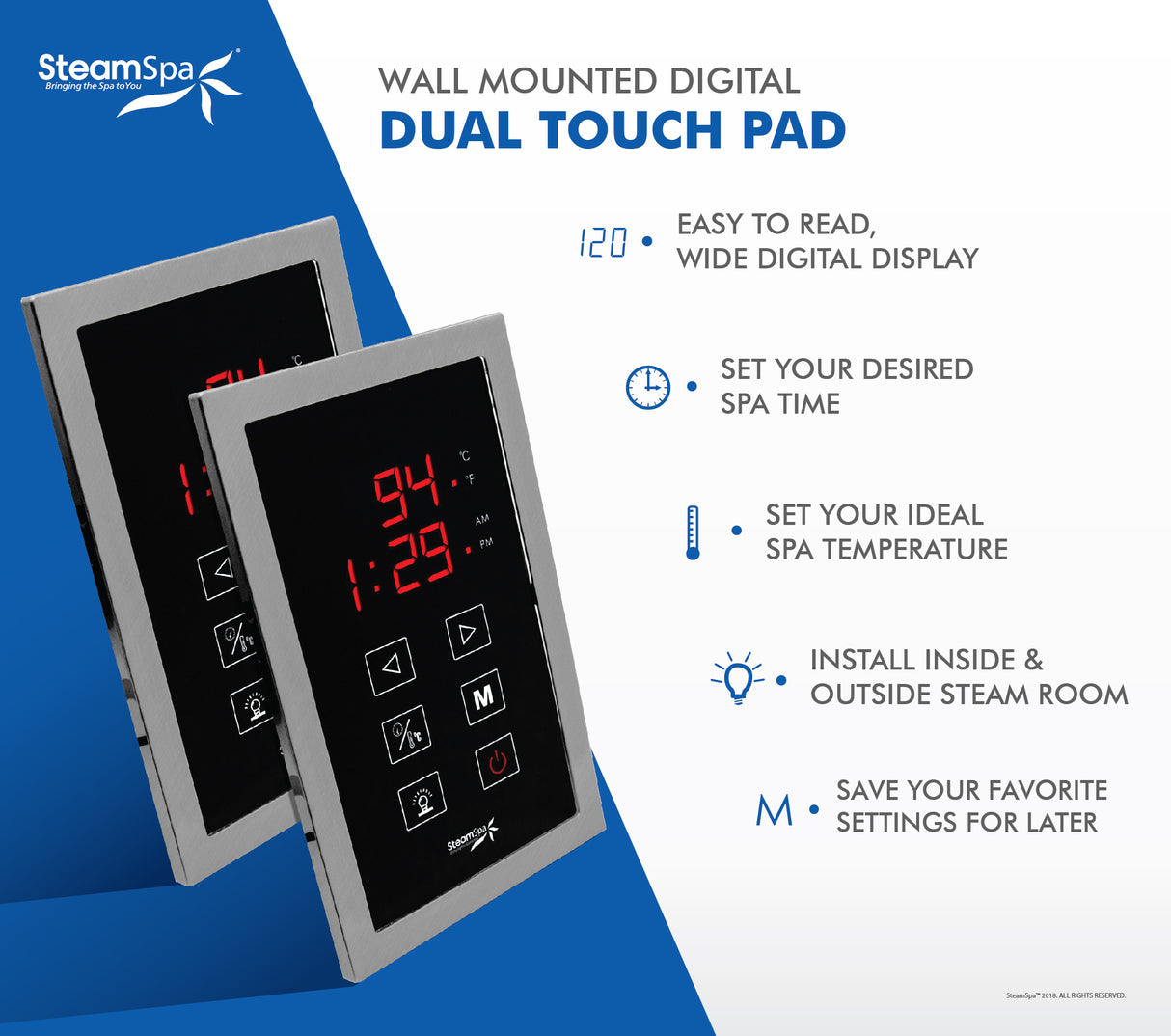 SteamSpa Royal 9 KW QuickStart Acu-Steam Bath Generator Package in Brushed Nickel RYT900BN