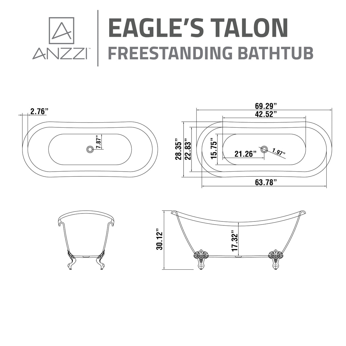 ANZZI FT-CF130FAFT-CH 69.29” Belissima Double Slipper Acrylic Claw Foot Tub in White