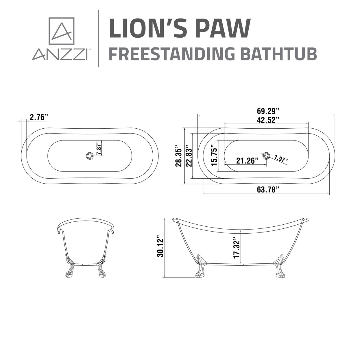 ANZZI FT-CF130LXFT-CH 69.29” Belissima Double Slipper Acrylic Claw Foot Tub in White