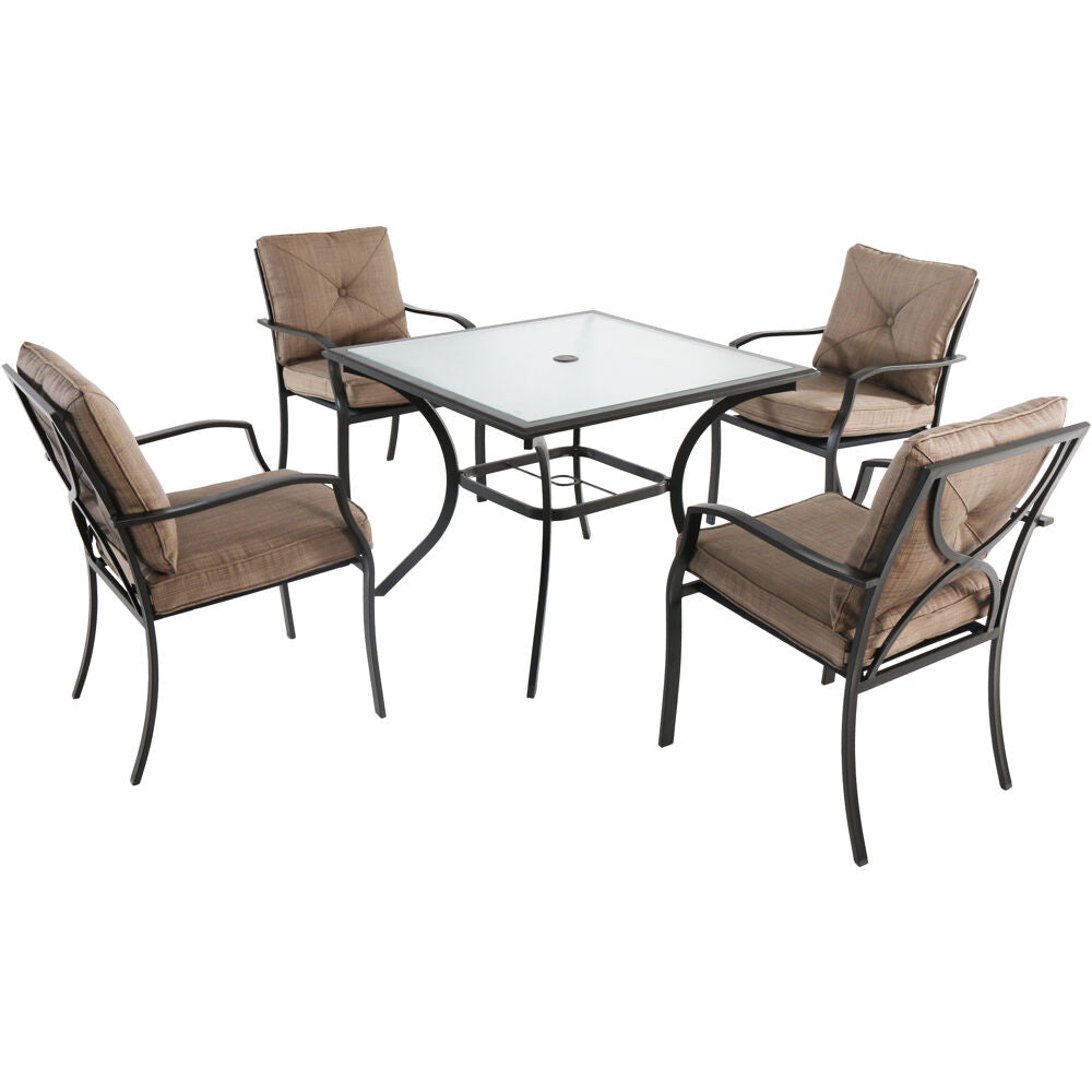 Hanover PALMBAYDN5PC-TAN 5pc Dining Set: 4 steel dining chairs w/cushions, 38" sq glass table