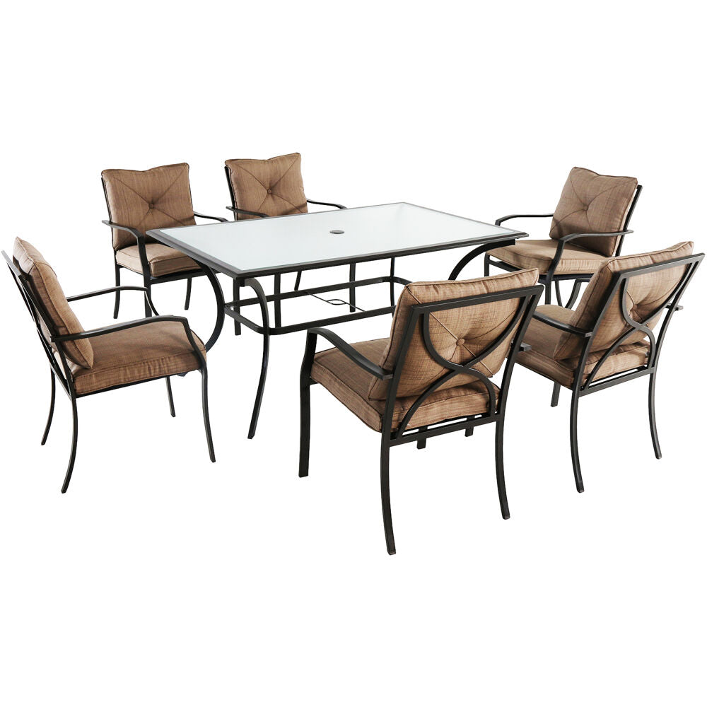 Hanover PALMBAYDN7PC-TAN 7pc Dining Set: 6 steel dining chairs w/cushions, 60x38" glass table