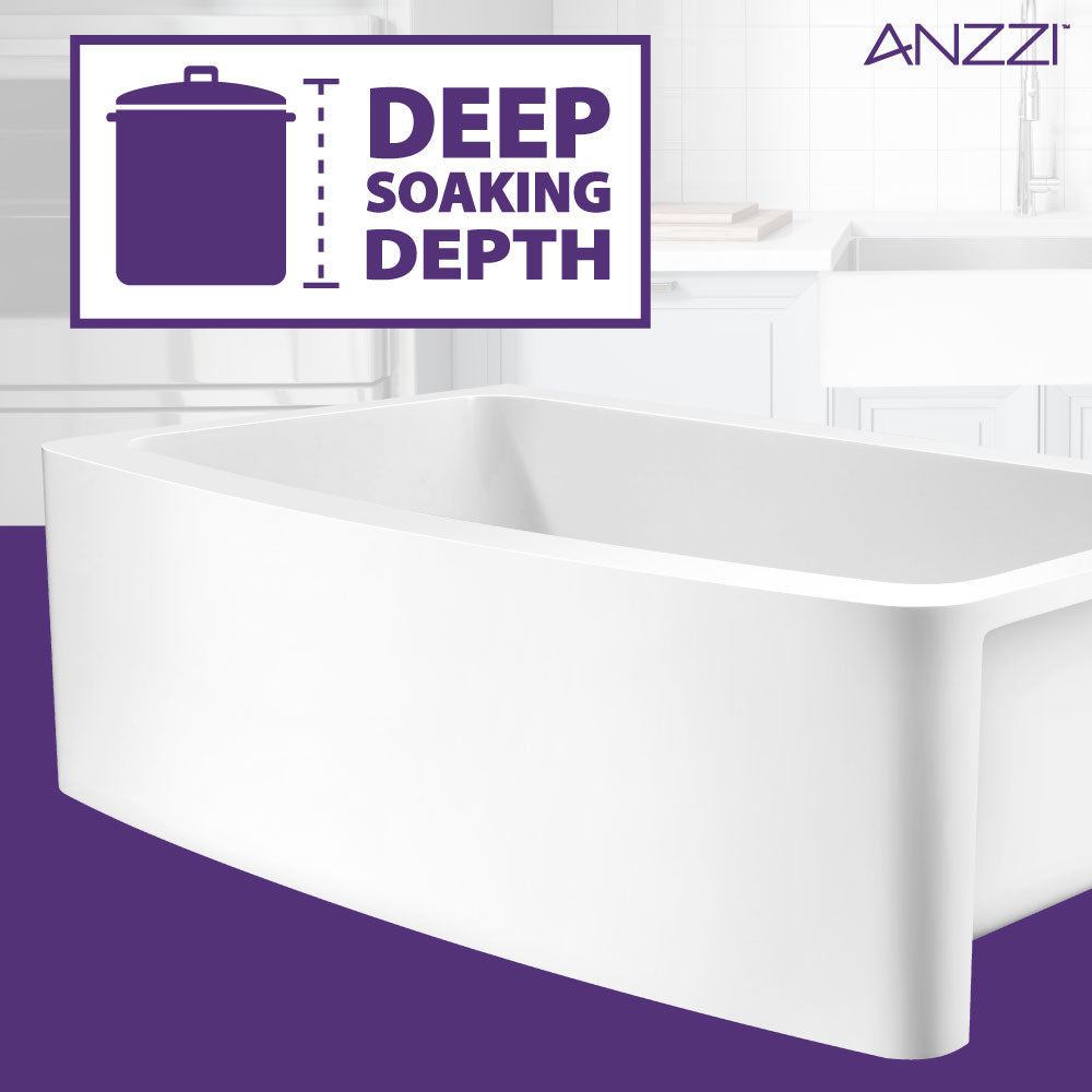 ANZZI K-AZ272-A1 Mesa Series Farmhouse Solid Surface 33 in. 0-Hole Single Bowl Kitchen Sink with 1 Strainer in Matte White
