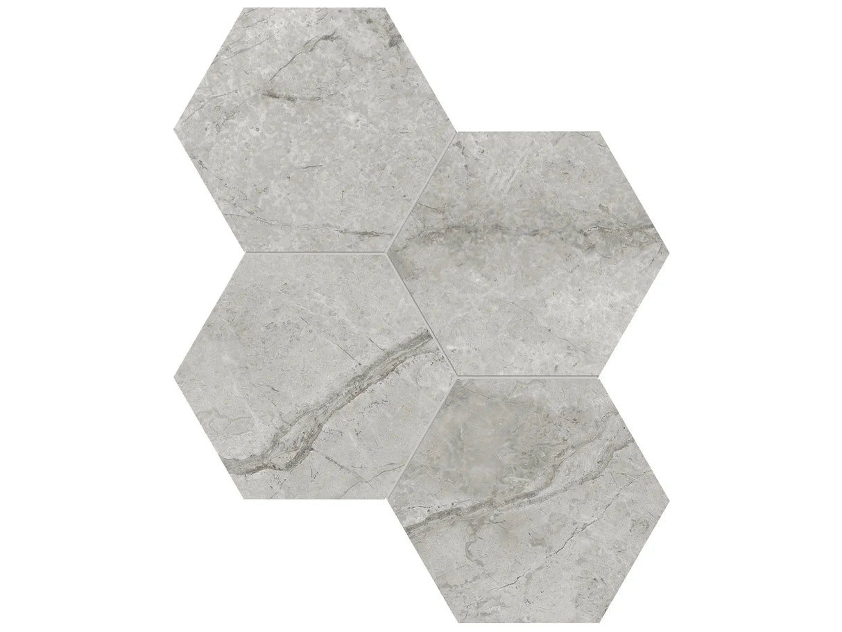 Anatolia Tile 6" Hexagon La Marca Paradiso Polished & Rectified Porcelain Mosaic - 1 Sheet = .797 - 4501-0326-0" Paradiso Argento 6" Hexagon Polished - premium natural stone mosaic tile from Anatolia Tile, available at PoshHaus showroom in Keene, NH