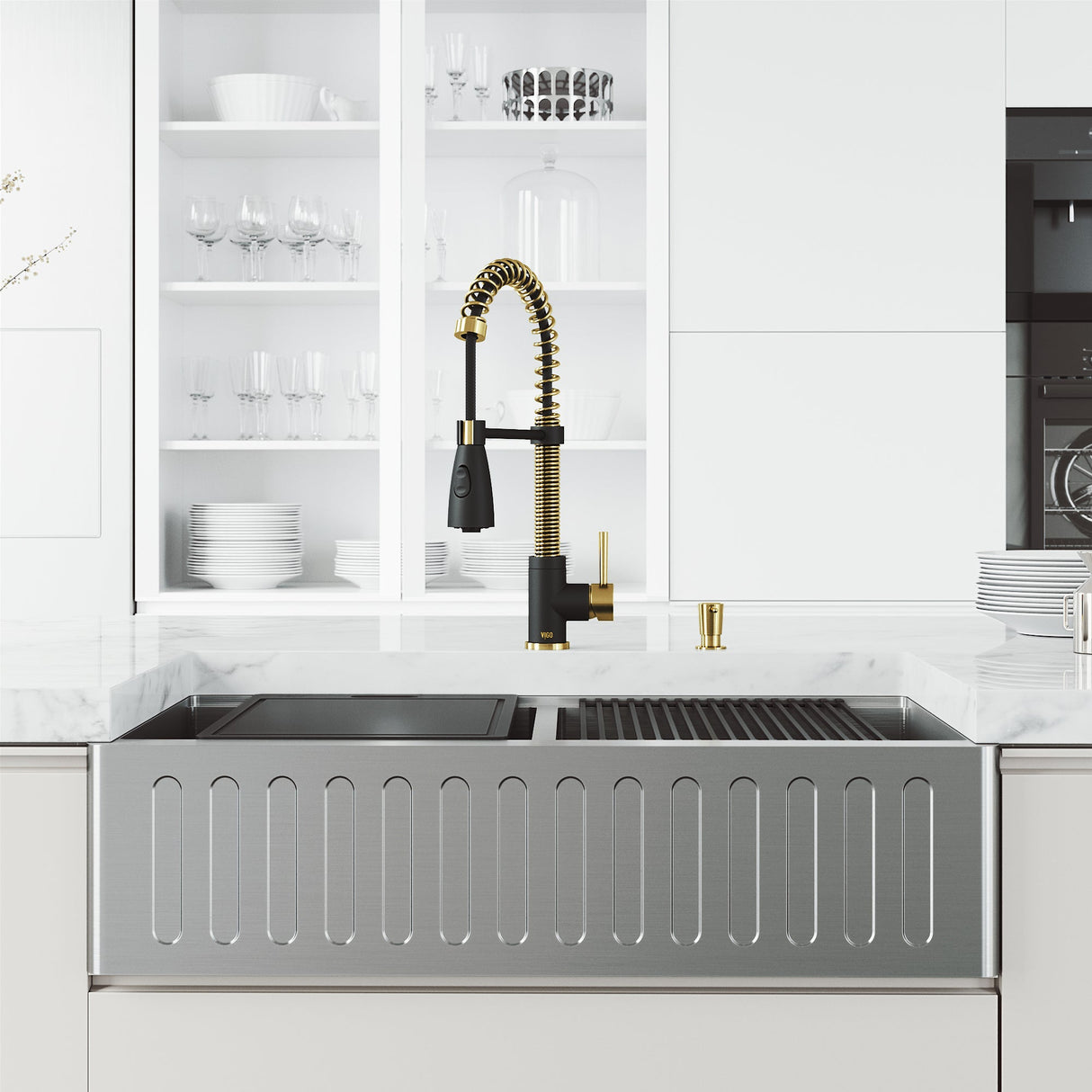 VIGO 36 in. Oxford Slotted Apron Front Double Bowl Stainless Steel Farmhouse Kitchen Sink with Accessories and Brant Faucet in Matte Brushed Gold and Matte Black VG151004