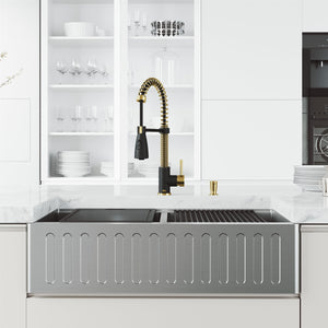 VIGO 36 in. Oxford Slotted Apron Front Double Bowl Stainless Steel Farmhouse Kitchen Sink with Accessories and Brant Faucet in Matte Brushed Gold and Matte Black VG151004