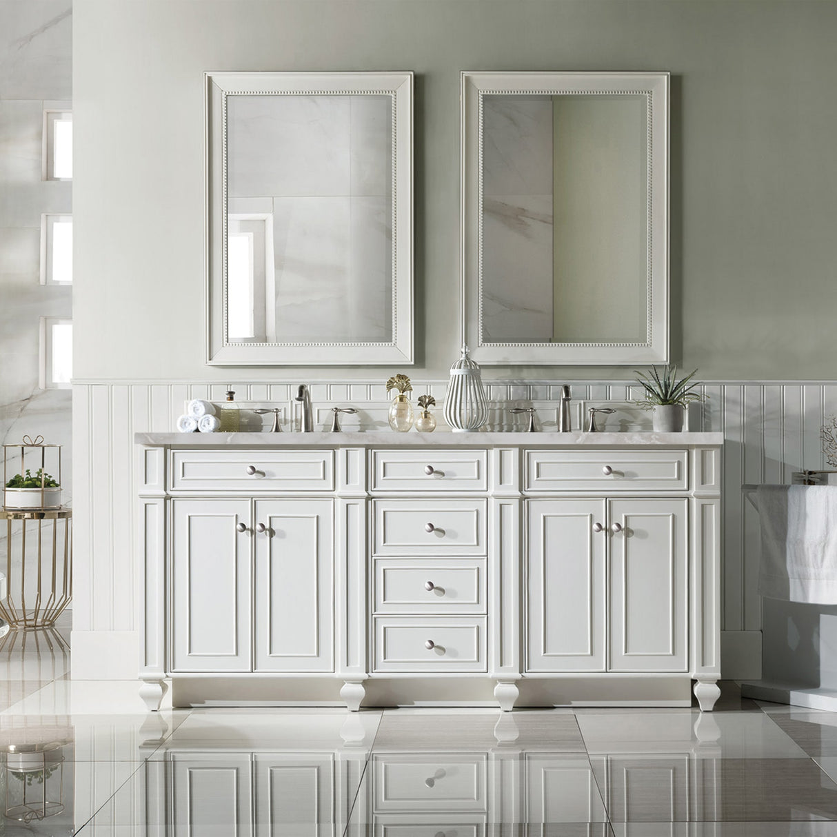 Bristol 72" Double Vanity, Bright White w/ 3 CM Victorian Silver Silestone Top w/FreePower Wireless Charger