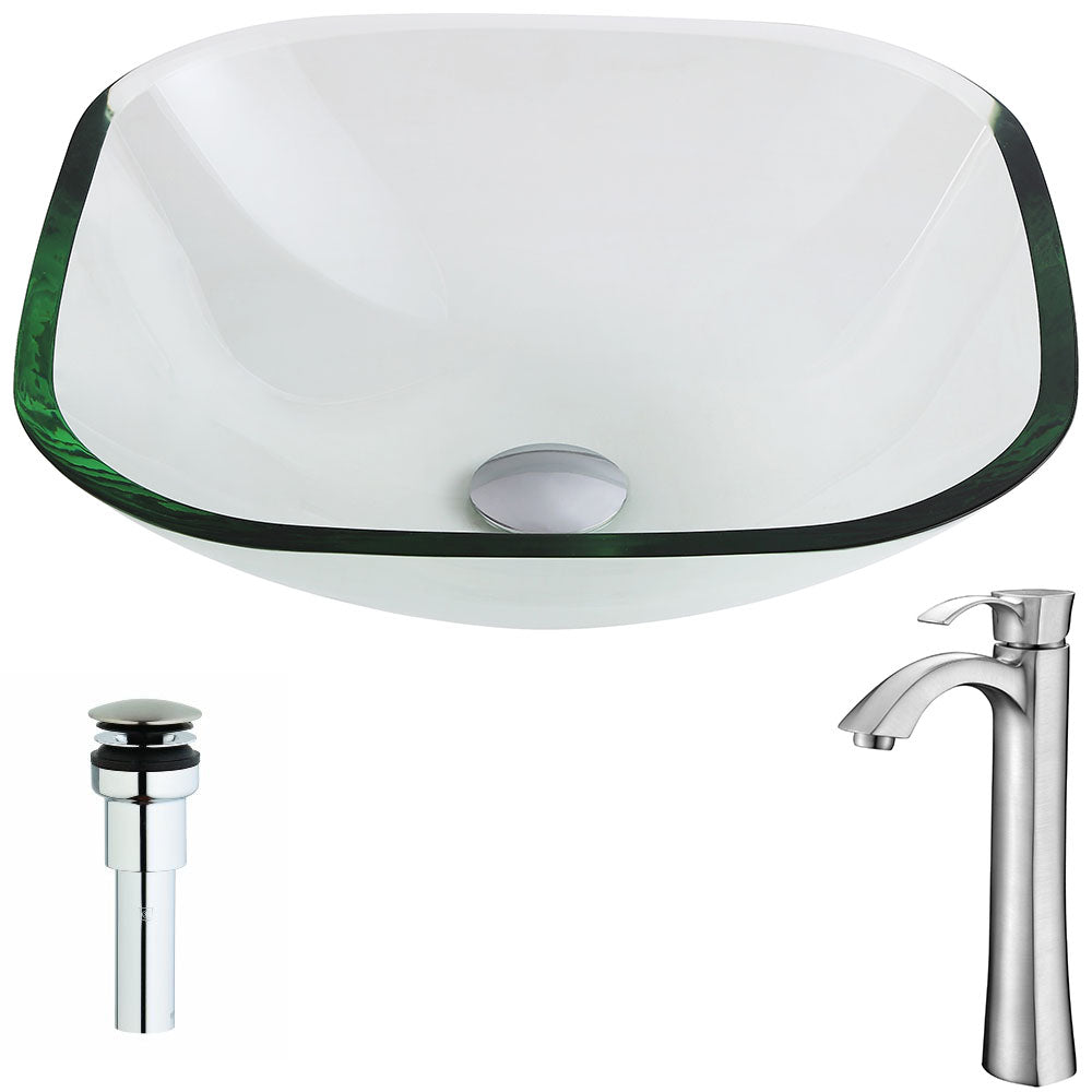 ANZZI LSAZ074-095B Cadenza Series Deco-Glass Vessel Sink in Lustrous Clear with Harmony Faucet in Brushed Nickel