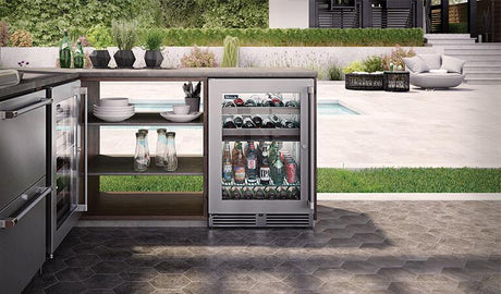Perlick Signature Series 24-Inch Outdoor 5 cu. ft. Capacity Built-In Glass Door Beverage Center with 5 cu. ft. Capacity in Stainless Steel with Glass Door (HP24CO-4-3L & HP24CO-4-3R)