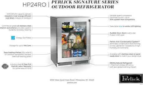 Perlick Signature Series 24-Inch Outdoor Built-In Counter Depth Compact Refrigerator with 5.2 cu. ft. Capacity in Stainless Steel and Glass Door (HP24RO-4-3L & HP24RO-4-3R)