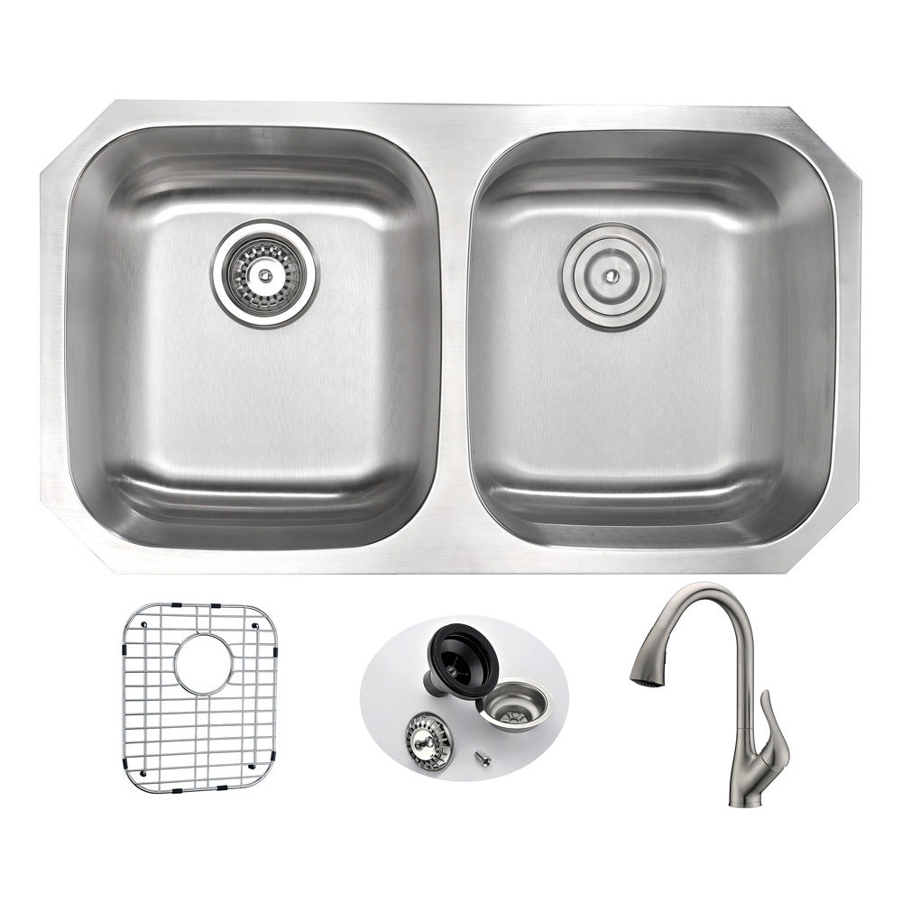 ANZZI KAZ3218-031B MOORE Undermount 32 in. Double Bowl Kitchen Sink with Accent Faucet in Brushed Nickel