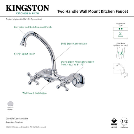 Kingston Brass Kingston 6-Inch Adjustable Center Wall Mount Kitchen Faucet, Polished Chrome