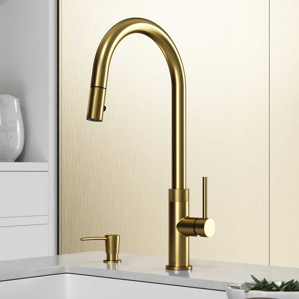 VIGO Bristol Pull-Down Kitchen Faucet with Soap Dispenser in Matte Brushed Gold VG02033MGK2