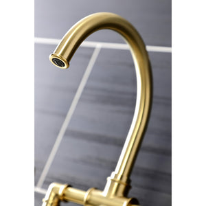 Kingston Brass KS2337RX Belknap Industrial Style Bridge Kitchen Faucet with Brass Sprayer, Brushed Brass