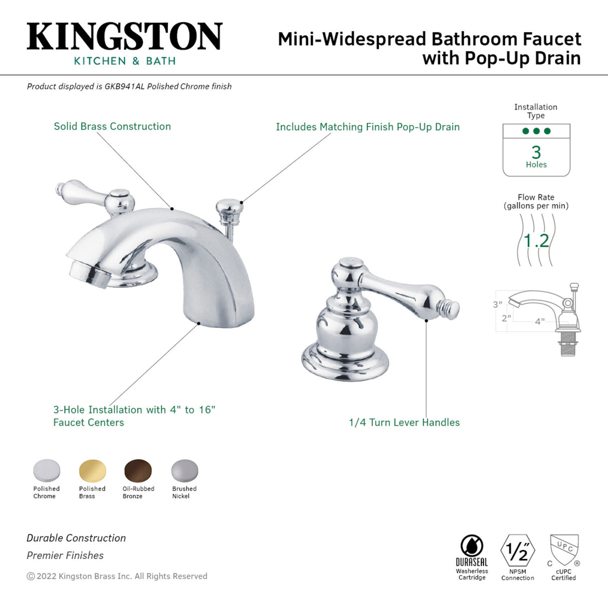 Kingston Brass GKB942AL Magellan Mini-Widespread Bathroom Faucet, Polished Brass