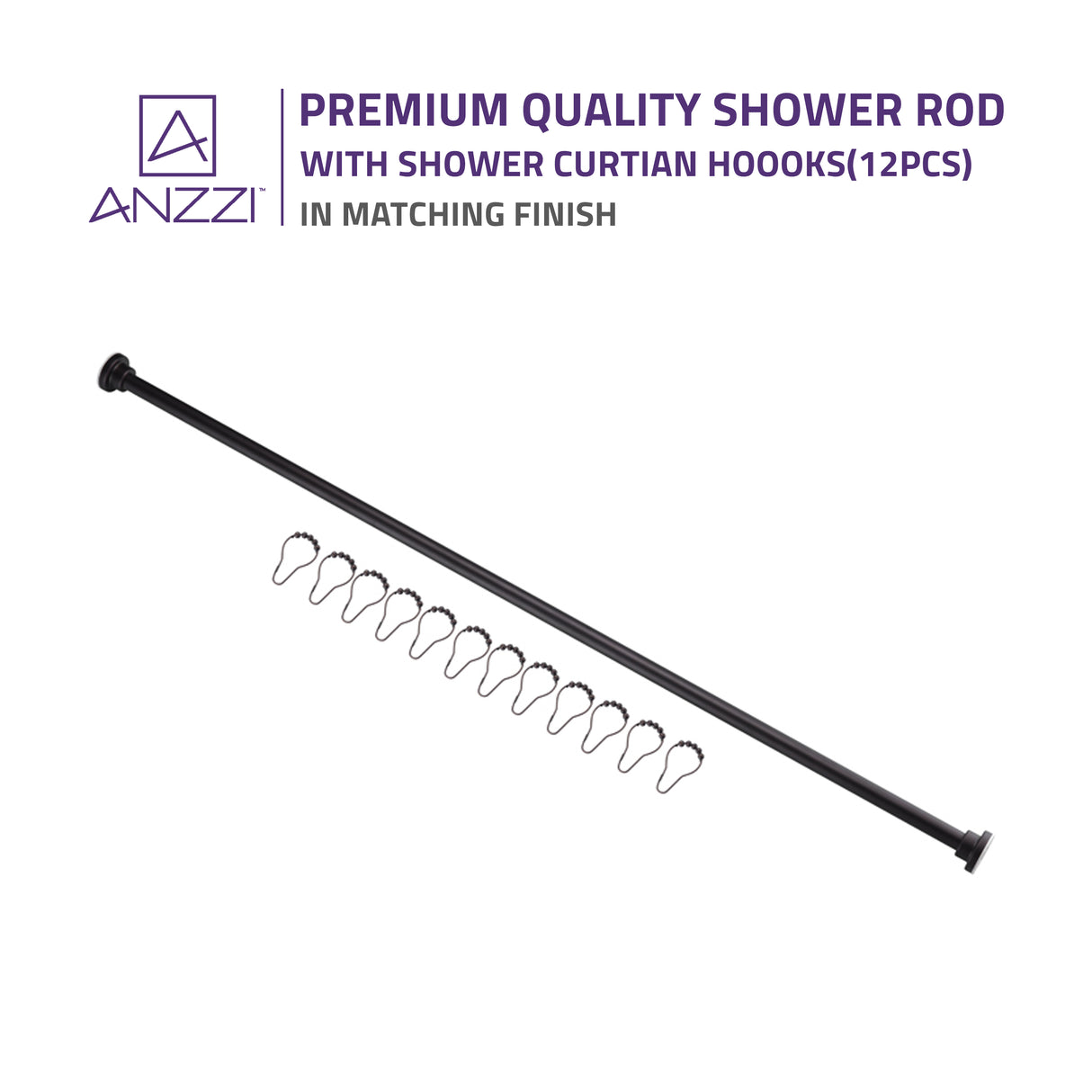 ANZZI AC-AZSR88ORB 48-88 Inches Shower Curtain Rod with Shower Hooks in Oil Rubbed Bronze | Adjustable Tension Shower Doorway Curtain Rod | Rust Resistant No Drilling Anti-Slip Bar for Bathroom | AC-AZSR88ORB