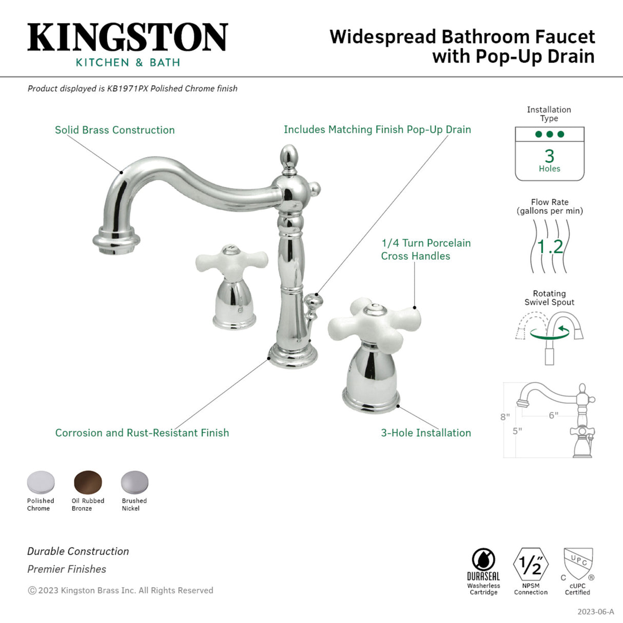 Kingston Brass KB1978PX Heritage Widespread Bathroom Faucet with Plastic Pop-Up, Brushed Nickel