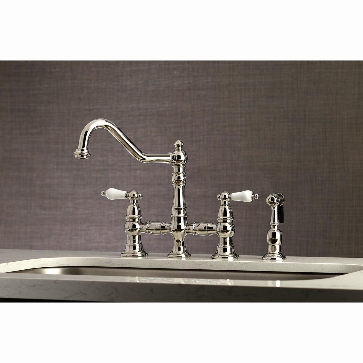 Kingston Brass KS3276PLBS Restoration 8" Bridge Kitchen Faucet with Sprayer, Polished Nickel