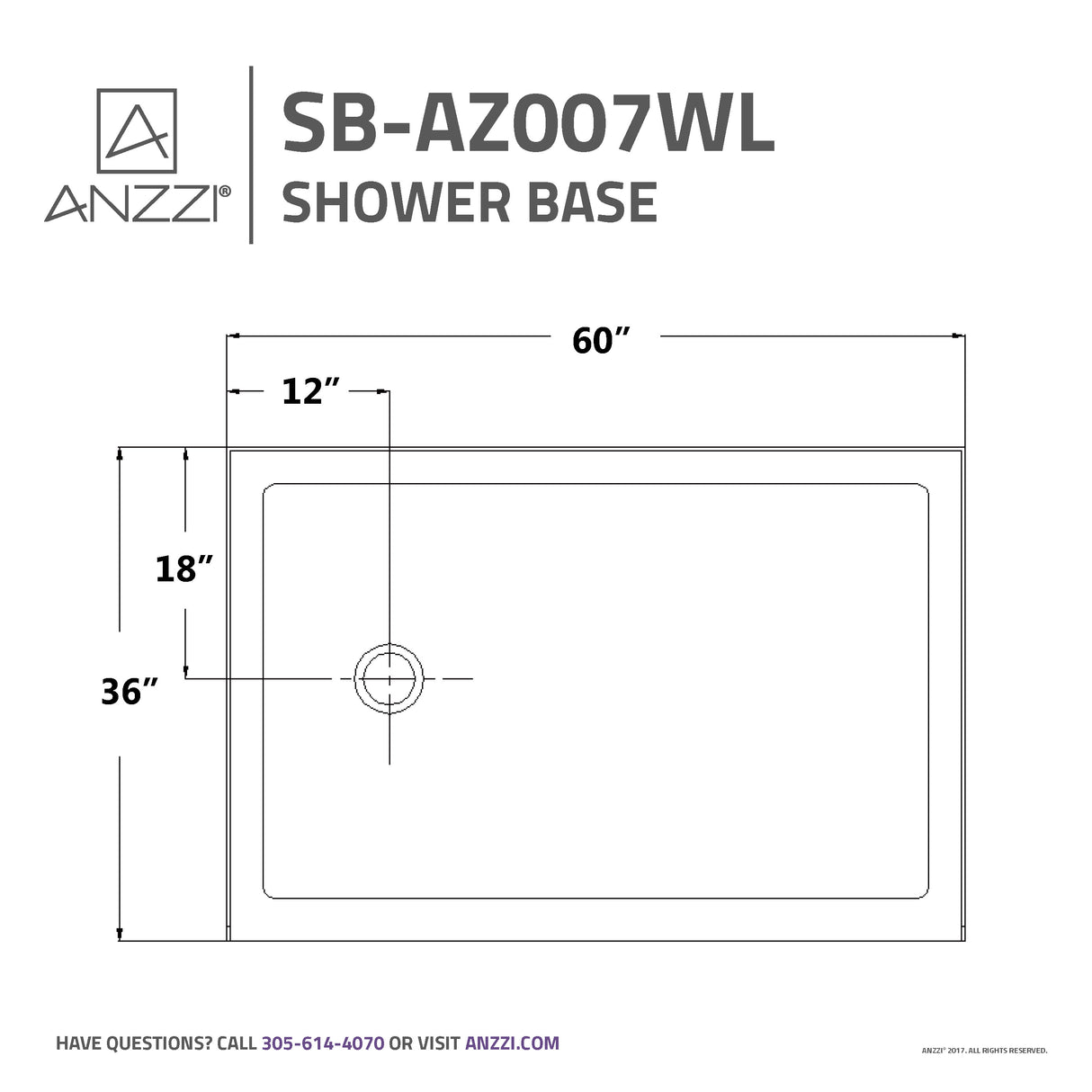 ANZZI SB-AZ007WL Colossi Series 60 in. x 36 in. Shower Base in White