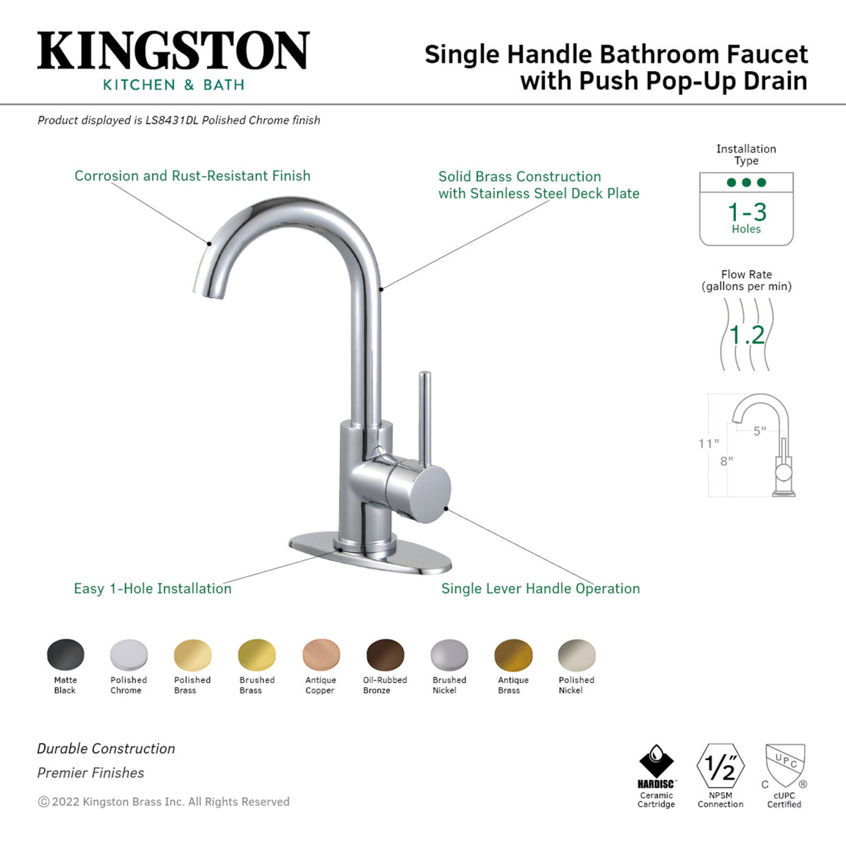 Fauceture LS8430DL Concord Single-Handle Bathroom Faucet with Push Pop-Up, Matte Black