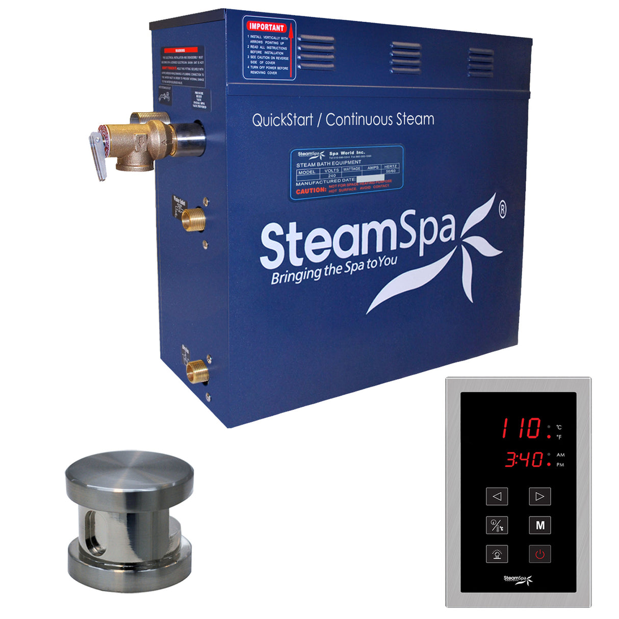 SteamSpa Oasis 9 KW QuickStart Acu-Steam Bath Generator Package in Brushed Nickel OAT900BN