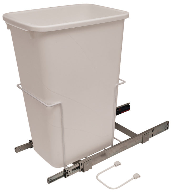 Häfele 503.13.744 KV - Waste Bin Pull-Out, Bottom Mount, Single, Ball Bearing Slide with Overtravel and Soft-Close, White, 50 qt.