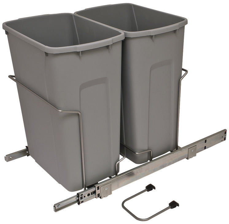 Häfele 503.13.554 KV - Waste Bin Pull-Out, Bottom Mount, Double, Ball Bearing Slide with Overtravel and Soft-Close, Frosted nickel, 2 x 27 qt.