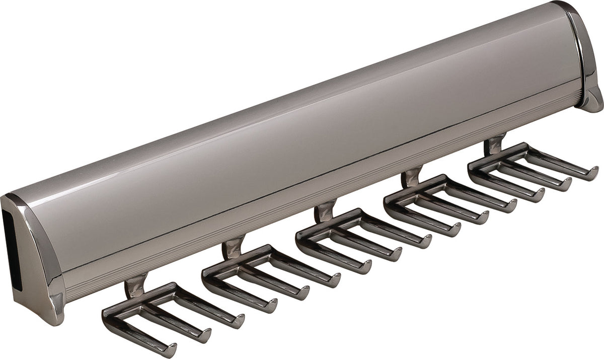 Häfele 807.67.401 TAG - Tie Rack, Synergy Elite Collection, 15 Hook, 11 7/8" Length, With full extension slide, Matte aluminum with chrome hooks and end caps