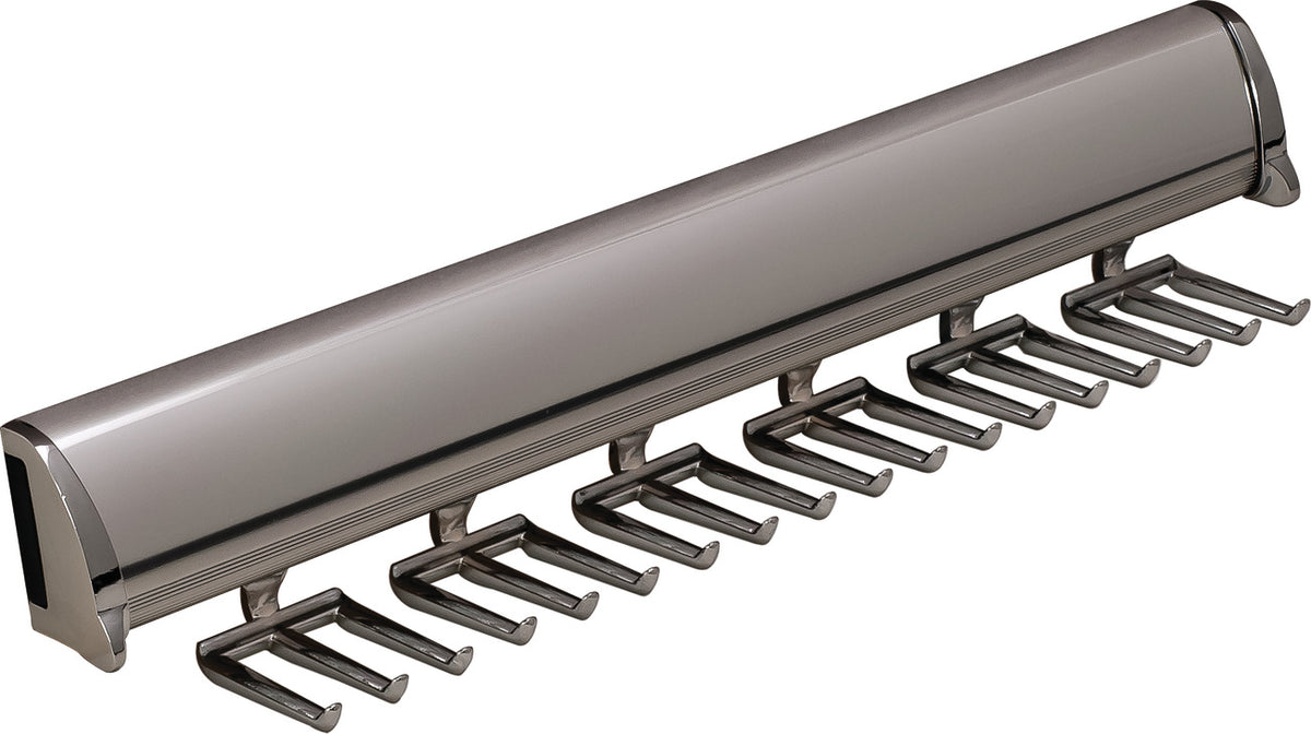 Häfele 807.67.403 TAG - Tie Rack, Synergy Elite Collection, 18 Hook, 13 7/8", With full extension slide, Matte aluminum with chrome hooks and end caps