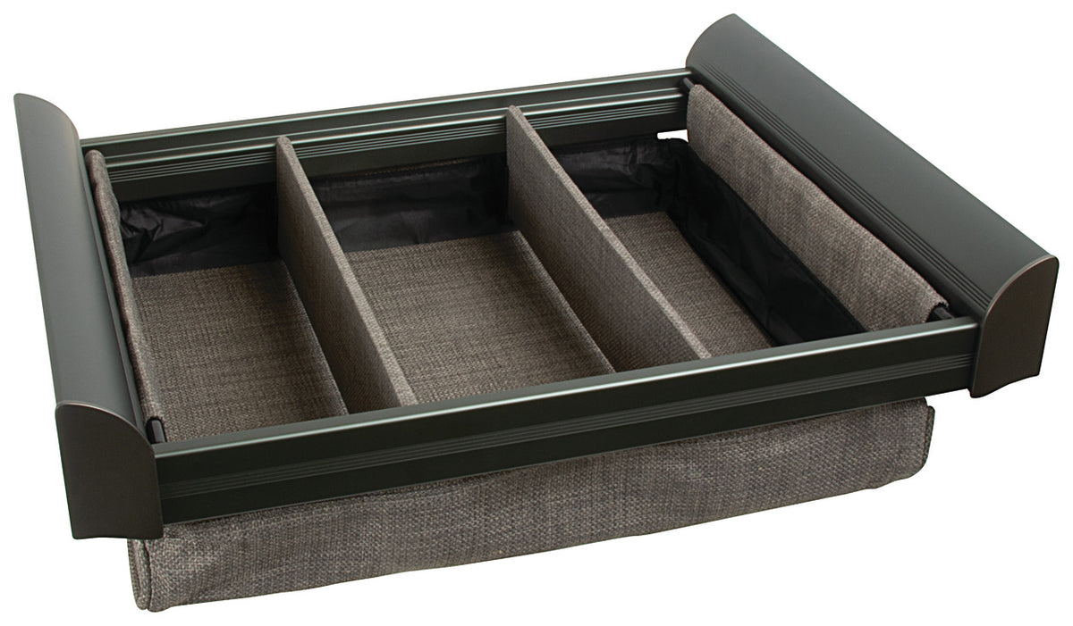 Häfele 807.77.012 TAG - Divided Lingerie Drawer, ENGAGE, Matte aluminum with slate fabric, 24" width