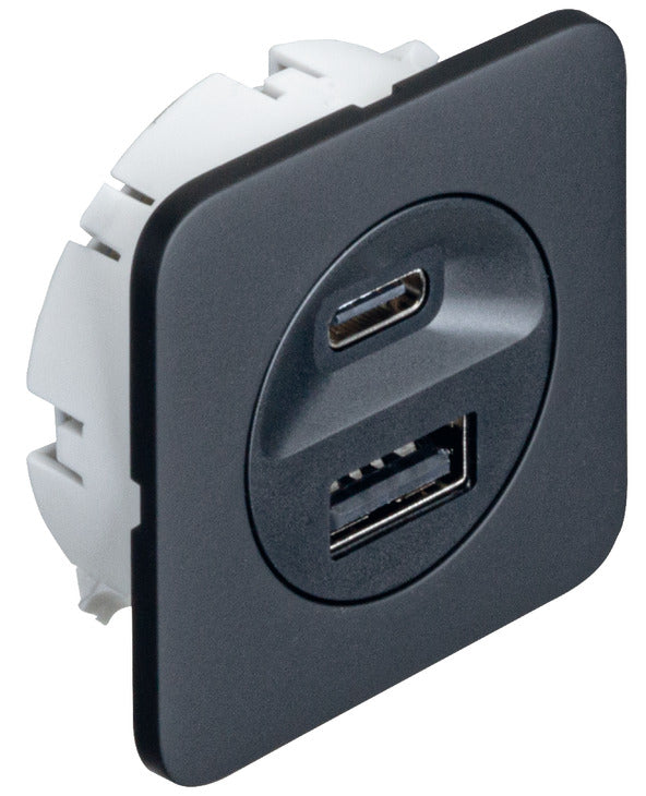 Häfele 833.73.809 Häfele Lighting - USB charging station, USB-A / USB-C, 24V, for mounting in drilled hole Ø40 mm or for screw fixing with frame 46.5 x 46.5 x 18 mm, Black
