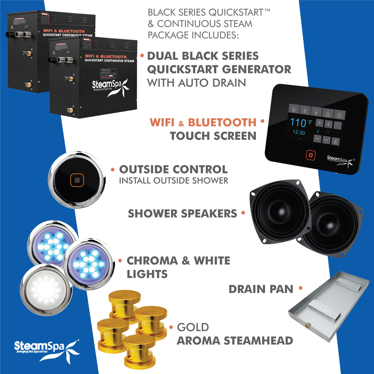 Black Series Wifi and Bluetooth 24kW QuickStart Steam Bath Generator Package in Gold BKT2400GD-A