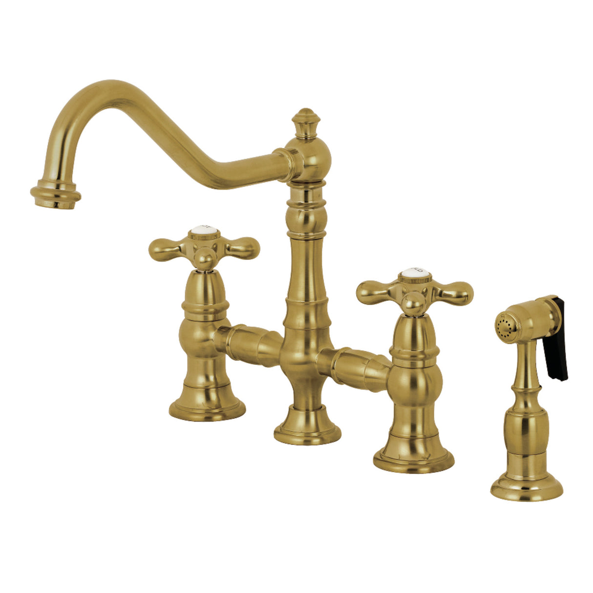 Kingston Brass KS3277AXBS Restoration 8-Inch Bridge Kitchen Faucet with Sprayer, Brushed Brass