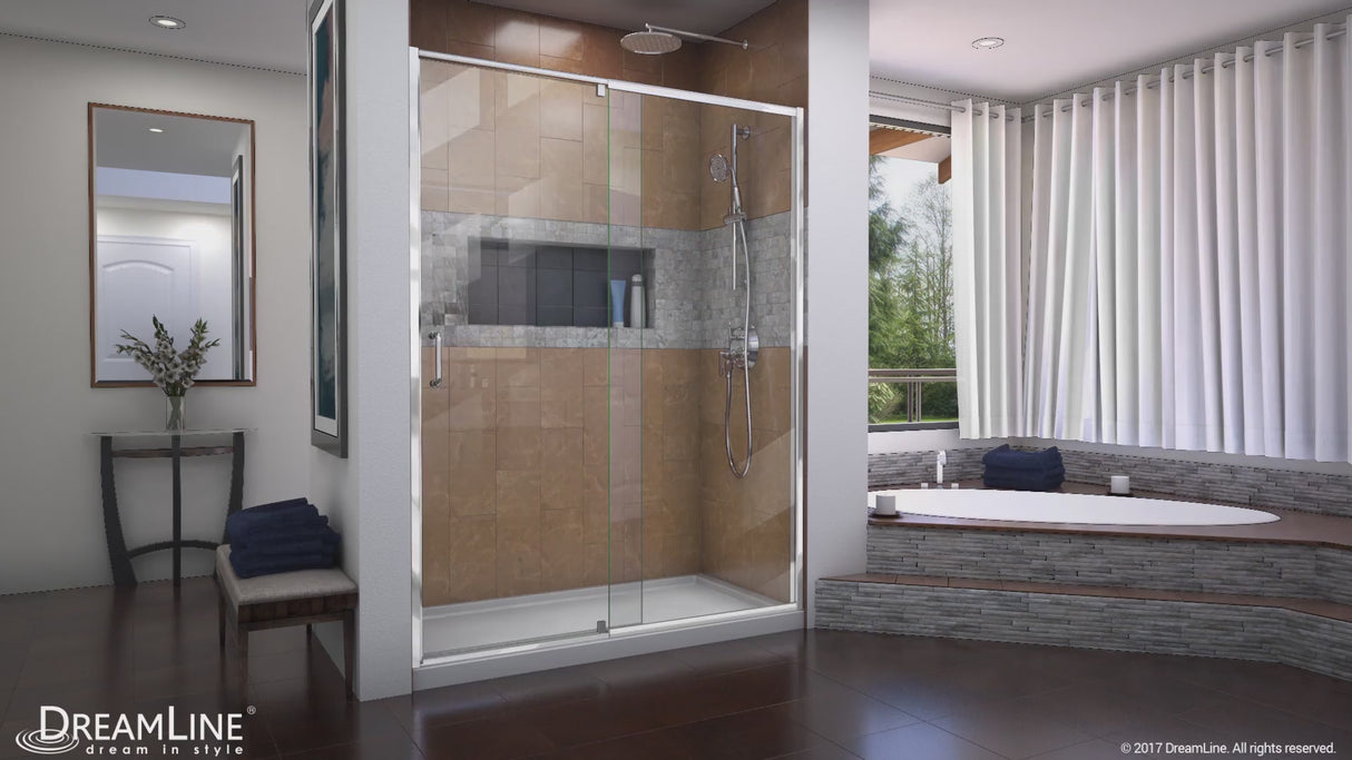 DreamLine Flex 34 in. D x 60 in. W x 76 3/4 in. H Semi-Frameless Shower Door in Chrome with Center Drain White Base and Wall Kit