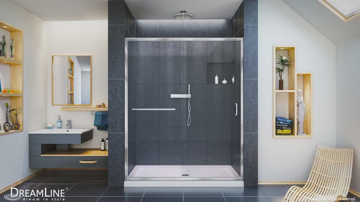 DreamLine Infinity-Z 30 in. D x 60 in. W x 76 3/4 in. H Clear Sliding Shower Door in Satin Black, Right Drain and Wall Kit