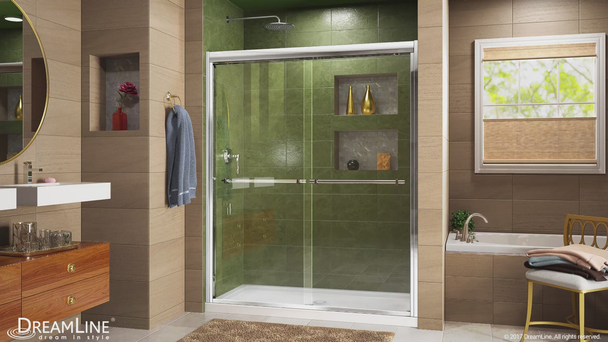 DreamLine Duet 30 in. D x 60 in. W x 74 3/4 in. H Semi-Frameless Bypass Shower Door in Brushed Nickel and Right Drain White Base