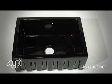 ALFI brand AB2418HS-BG 24" Black Gloss Reversible Smooth / Fluted Single Bowl Fireclay Farm Sink