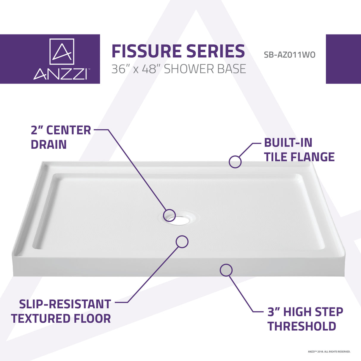 ANZZI SB-AZ011WO-R Series 36 in. x 48 in. Single Threshold Shower Base in White