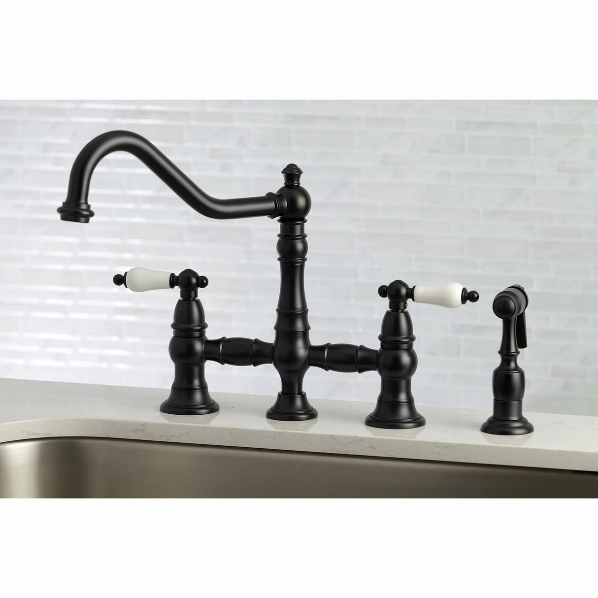 Kingston Brass KS3270PLBS Restoration 8" Bridge Kitchen Faucet with Sprayer, Matte Black