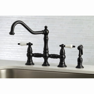 Kingston Brass KS3270PLBS Restoration 8" Bridge Kitchen Faucet with Sprayer, Matte Black