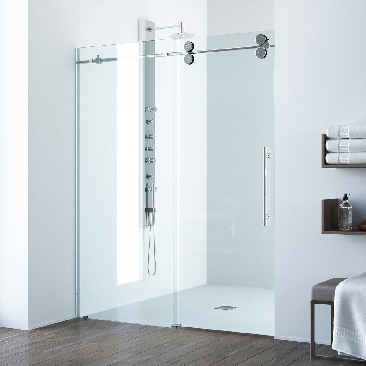 VIGO Elan 52 to 56 in. x 74 in. Frameless Sliding Shower Door in Chrome with Clear Glass and Handle VG6041CHCL5674
