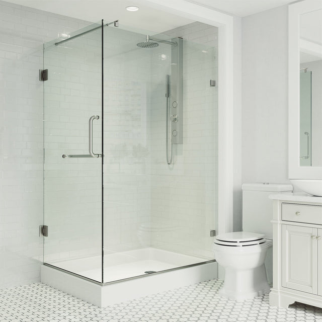 VIGO Pacifica 48.125 W x 70.75 H Frameless Hinged Shower Enclosure in Brushed Nickel with shower base and handle VG6012BNCL36WR