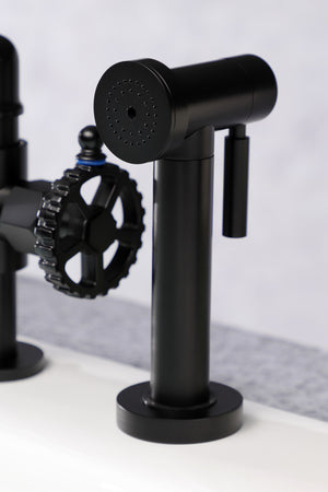 Kingston Brass KS2330CG Fuller Industrial Style Bridge Kitchen Faucet with Brass Sprayer, Matte Black